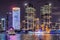 Night view of modern waterfront buildings, Shanghai, China