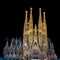 Night view of Nativity facade of Sagrada Familia cathedral in Ba