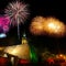 Night view of Nitra castle from below with evening skyline during new years fireworks