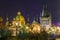 Night view of  Old Town Bridge Tower and background of  Church of St Francis Seraph at the bank of River Vltava, view from the