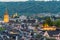 Night view of panorama of city view of old downtown of Zurich from campus of ETH , with St. Peter Pfarrhaus , one of the main