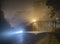 The night view of the pass road is full of fog with magical street lights