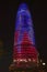 Night view of phallic-shaped Torre Agbar or Abbar Tower in Barcelona, Spain, designed by Jean Novel, September 2005