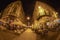 Night view of picturesque street terraces with tourist, Timisoara, Romania