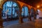 Night view of plaza de espana through arcade of town hall of Santa Cruz de la Palma, Canary islands, Spain