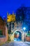 Night view of the Prince rupert gateway leading to the leicester castle and saint mary de casto church, England