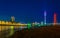 Night view of riverside of Rhein in Dusseldorf dominated by the Rheinturm tower, Germany