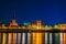 Night view of riverside of Rhein in Dusseldorf with Saint Lambertus church, Germany