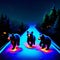 Night view of the road in the forest with a group of bears AI generated