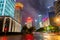 Night view of the skycrapers at Pudong new district in Shanghai at a cloudy day after raining with golden light in Shanghai, China