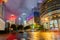 Night view of the skycrapers at Pudong new district in Shanghai at a cloudy day after raining with golden light in Shanghai, China