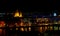 Night view of St Stephens Church in Budapest capital of Hungary and reflections on Danube River