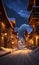 Night view of a street in the alpine town of Hallstatt, Austria