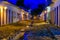 Night view of street of historical center in Paraty, Rio de Janeiro, Brazil.