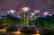 Night view of Supertree Grove in Gardens by the Bay with Marina Bay Sands in the background. Singapore - November 07, 2017