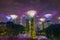 Night view of Supertree Grove in Gardens by the Bay with Marina Bay Sands in the background. Singapore - November 07, 2017