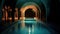 Night view of a swimming pool with glowing turquoise water and arched architecture, leading into darkness. Generative AI