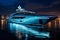 Night view to large illuminated white boat located over horizon, colorful lights coming from yacht reflect on the surface of the