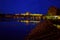 The night view on wooden icebreakers with sleaping seaguls on Vltava river in Prague, Czech Republic