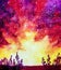 Night violet red orange space galaxy watercolor illustration