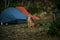 Night visit of a wild red fox at camping site with tents in Torres del Paine National Park, Patagonia, Chile