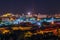 Night Voronezh cityscape, aerial view to industrial area and television broadcast tower