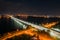 Night Voronezh. Northern bridge over Voronezh river, aerial view