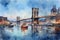 Night watercolor East River and Brooklyn Bridge. New York cityscape. Generative AI