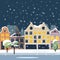 Night winter European city - houses and shops, trees, a Park with lanterns and benches, a snow-covered city. Vector