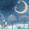 Night winter landscape watercolor illustration Cute house in snow forest Magic crescent starry sky scene Fantasy snowy background