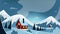 Night Winter Mountains landscape. Winter houses, pines and hills. Flat winter horizontal landscape. Snowy backgrounds. Vector