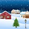 Night winter village landscape with snow covered house and christmas tree