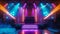 Nightclub stage illuminated with modern lighting equipment, DJ mixing music