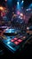 Nightclub vibes: DJ mixer table electrifies the background with pulsating beats.