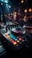 Nightclub vibes: DJ mixer table electrifies the background with pulsating beats.