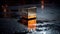 Nightfall Reflections: The Enigmatic Metallic Cube on Rain-Soaked Asphalt
