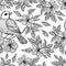 NIGHTINGALE ON BRANCH Seamless Pattern Vector Illustration