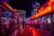 Nightlife at city with illuminated cafe, restaurant and neon signs. Las Vegas, Nevada, US