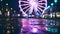 Nightlife illuminated cityscape, vibrant colors, spinning wheel, joyful fun generated by AI