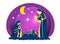 Nightly christmas scenery mary and joseph in a manger with baby Jesus and star light in night scene vector design