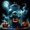 Nightmare creepy little ghost in glass jar on halloween night