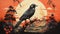 Nightmarish Crow On Branch: Bold Lithographic 2d Game Art