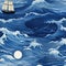 Nightmarish illustration of a boat and waves in a seascape pattern (tiled)