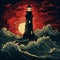Nightmarish Lighthouse Illustration: Chiaroscuro Woodcut Artwork