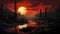 Nightmarish Red Sunset Illustration With Forest And Lake
