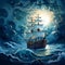 Nightmarish Sailing Ship In Stormy Ocean Abstract Navy Baroque Seascape