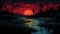 Nightmarish Sunset Over Stream: Detailed Red And Cyan Illustration