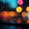 Nights abstract window view blurred lights, colorful raindrops, mesmerizing background