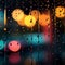 Nights abstract window view blurred lights, colorful raindrops, mesmerizing background