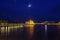 Nightscape city view of Budapest castle under the moon lit cloudy sky and water reflection